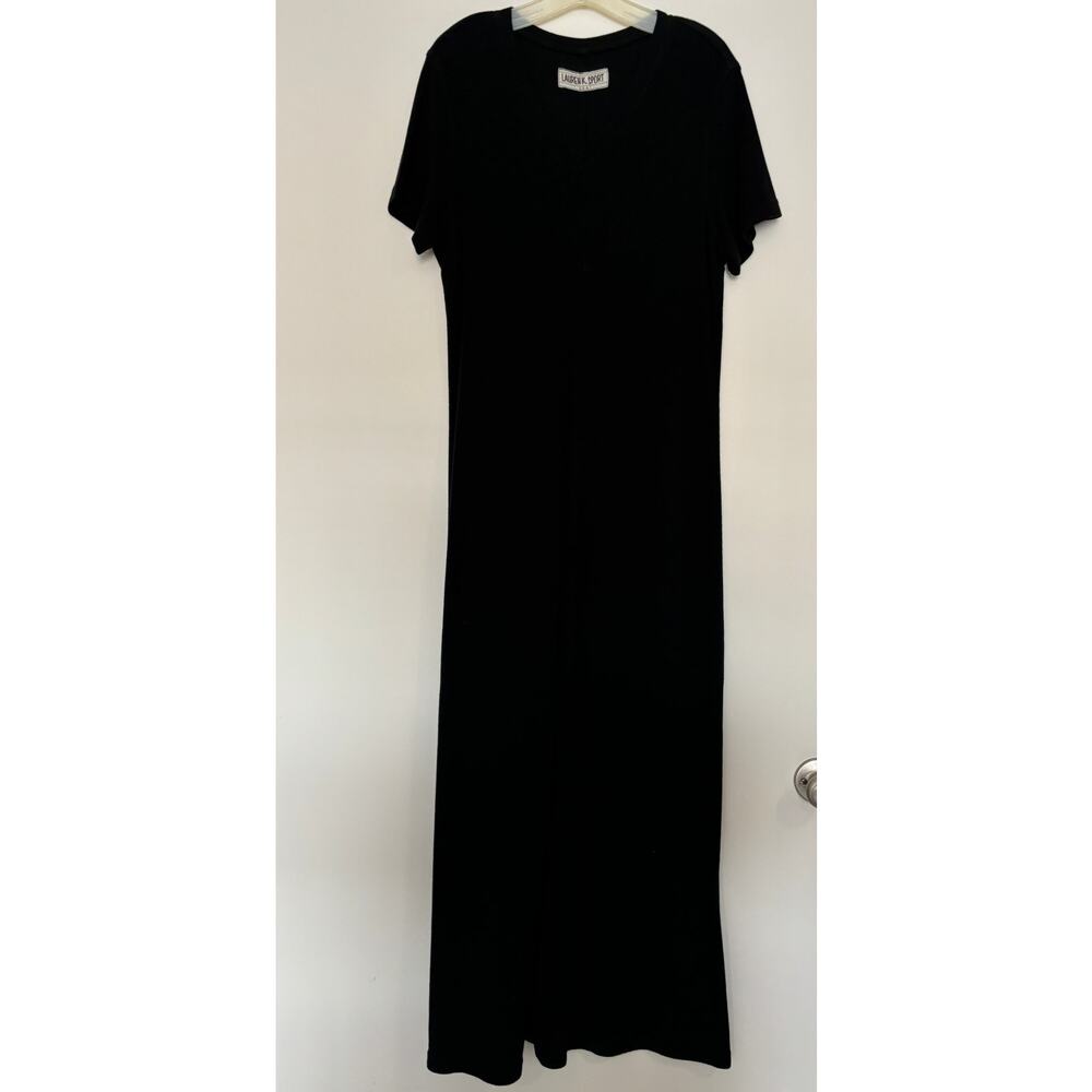 Vintage Lauren K. Knit Maxi Dress Womens Size Medium Black V-neck Tencel Cotton